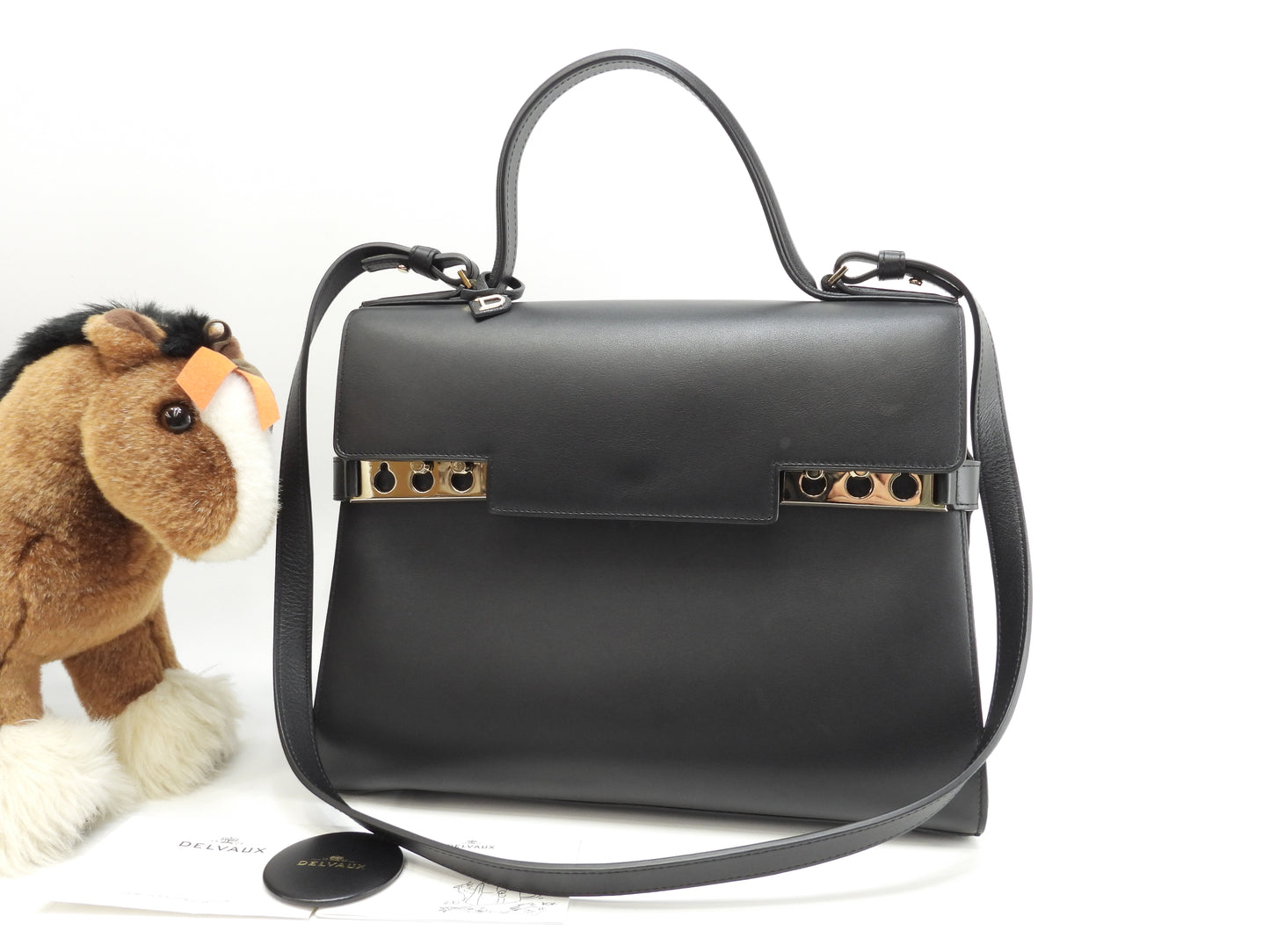 デルボー タンペートGM シルキーカーフレザー 黒 s付ハンドバッグ ケリー型@BO4D