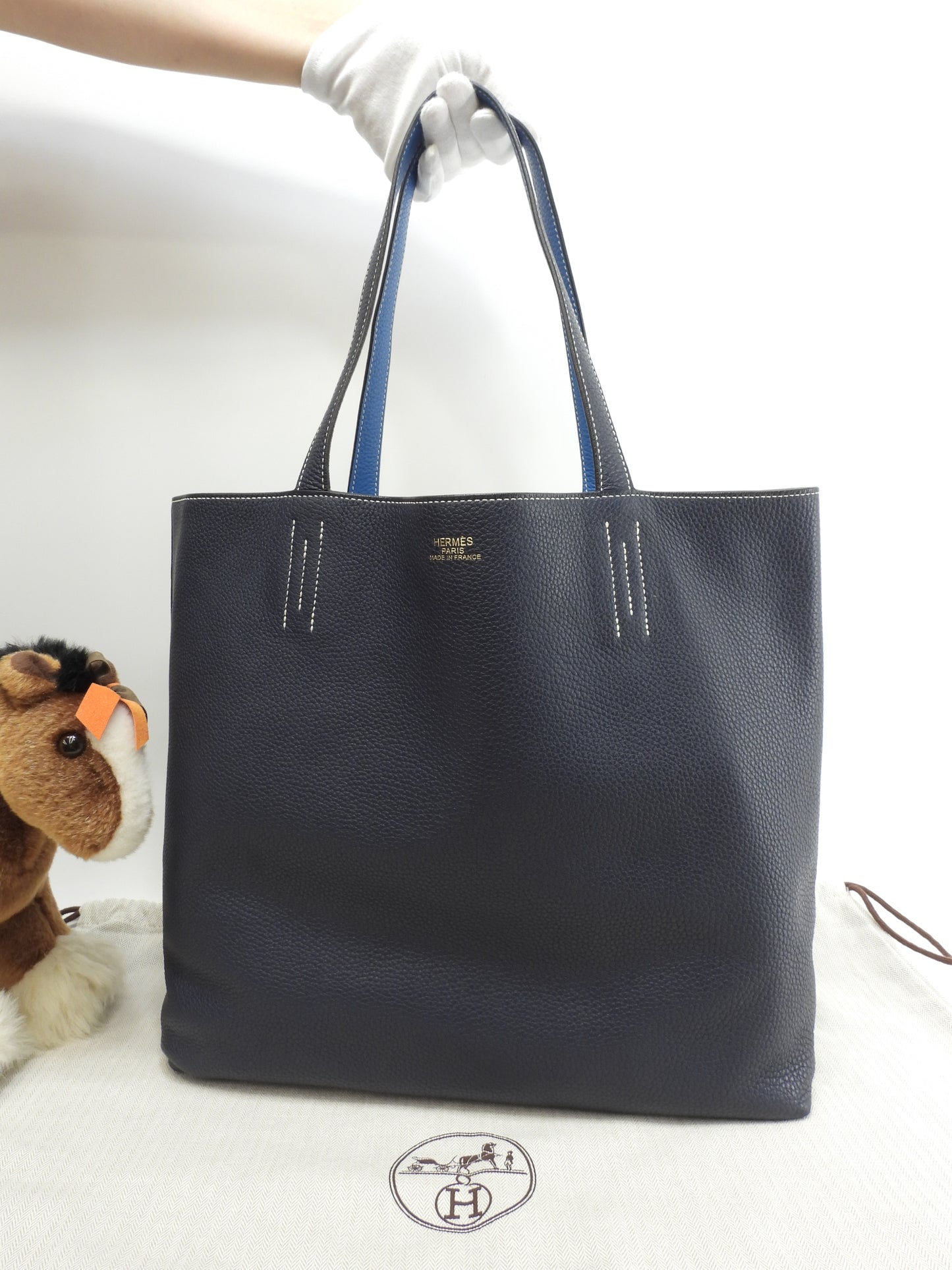 エルメス ドゥブルサンス45 トリヨンレザー 濃青 メンズトートバッグ 美品@Y
