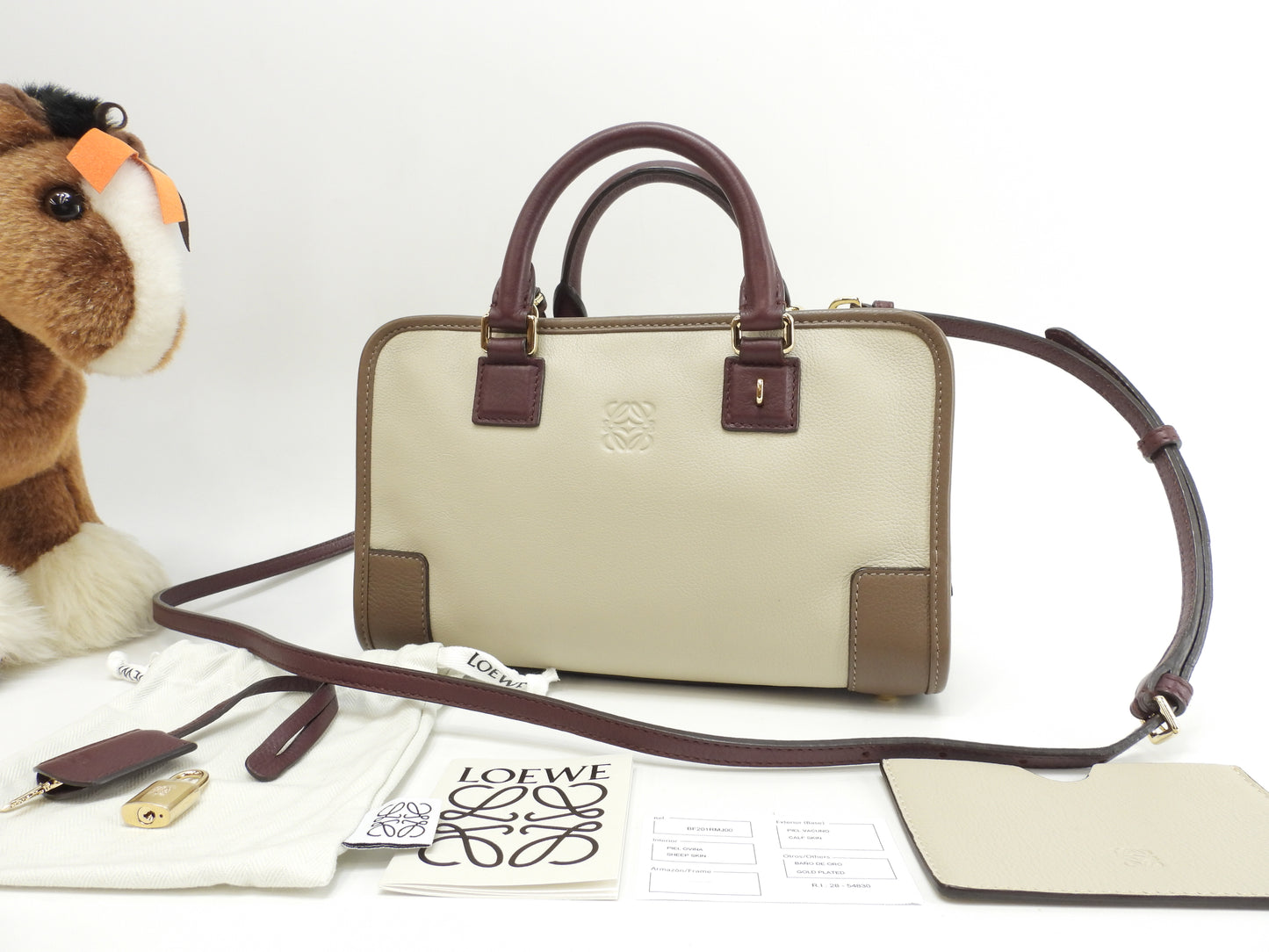 ロエベ s付アマソナ23 レザー グレージュ茶ボルドー ミニハンドバッグ ポシェット 極美品@011507