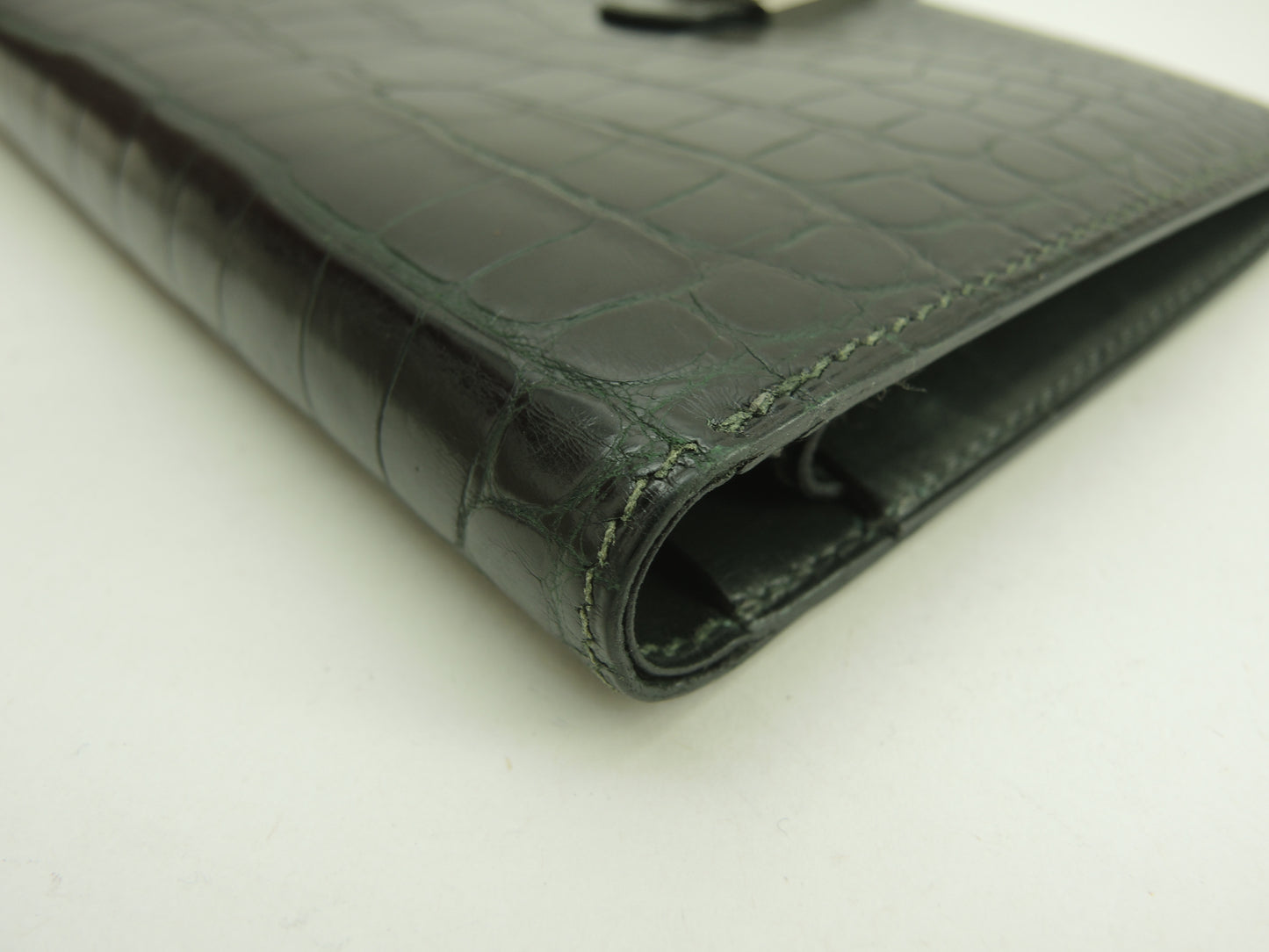 エルメス 2折財布 アリゲーター緑 シルバーカデナ金具 コンパクトウォレット@□A