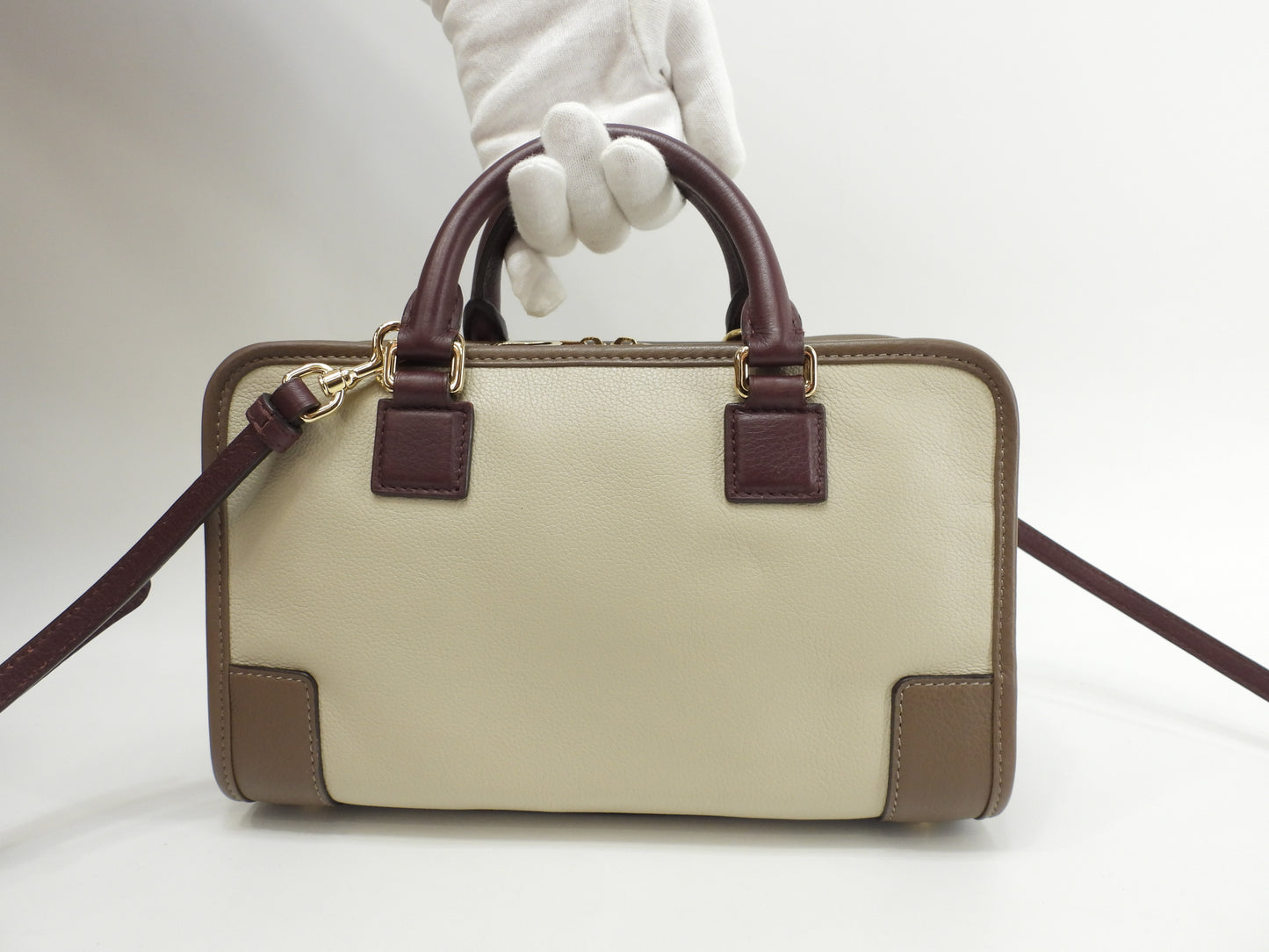 ロエベ s付アマソナ23 レザー グレージュ茶ボルドー ミニハンドバッグ ポシェット 極美品@011507