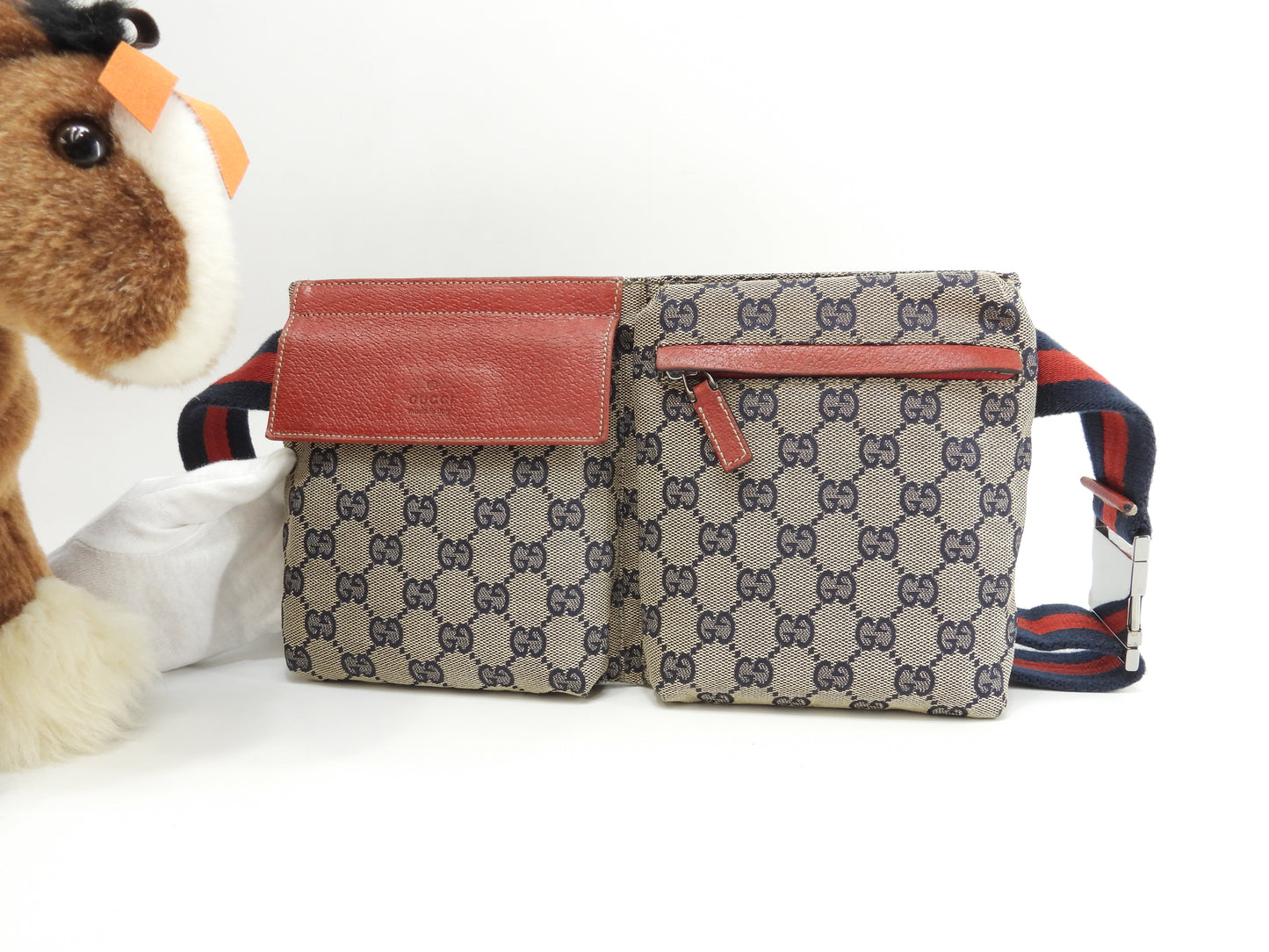 グッチ ベルトバッグ 紺GGシュプリーム コットン灰赤革 ボディバッグ ウエストバッグ 美品@ 1