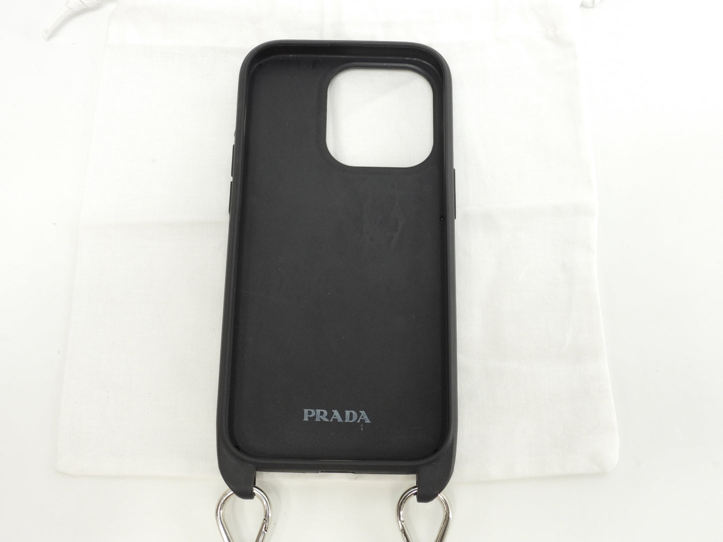 プラダ ストラップ付iphone14Proケース サフィアーノ黒黒 三角プレート アイフォンカバー@ 1
