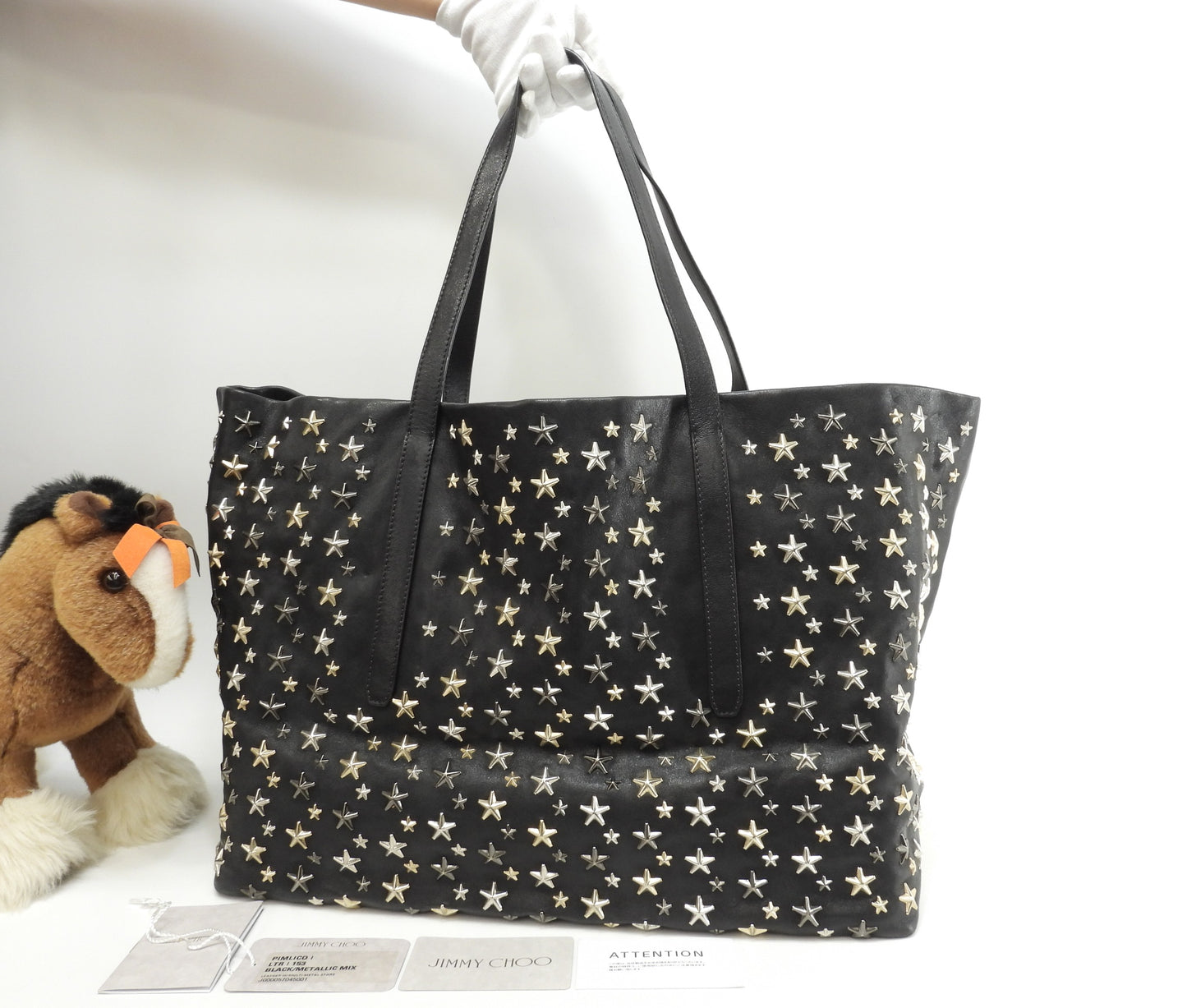 ミーチュウ ピムリコ 金銀スタースタッズ レザー黒 メンズトートバッグ 美品@FHCKDK