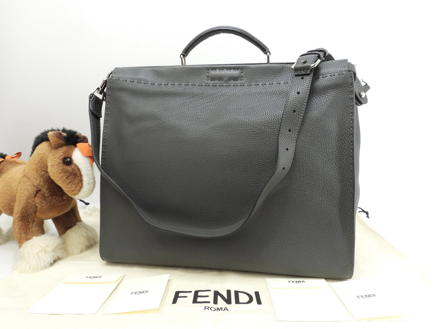フェンディ ピーカブー大 セレリアレザー灰紺 メンズハンドバッグ ビジネスバッグ 極美品@ 2