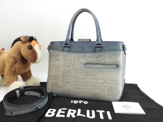 ベルルッティ トゥジュールXS カリグラフィ レザー灰青 トートバッグ メンズ@U0224