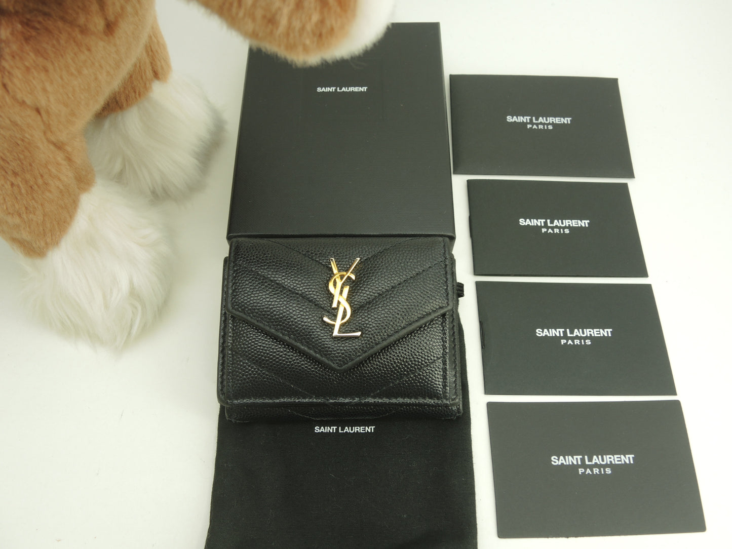サンローラン ミニウォレット YSL レザー黒 3折Wホック財布 ゴールド金具@ 93