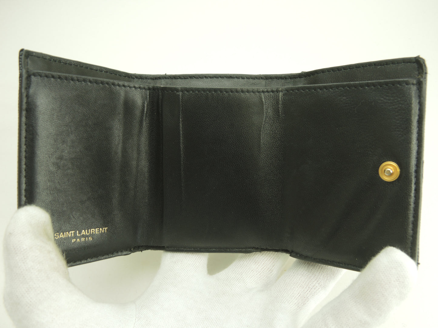 サンローラン ミニウォレット YSL レザー黒 3折Wホック財布 ゴールド金具@ 93