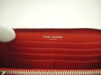 サンローラン ロングウォレット YSL クロコ型押レザー赤 ジップ長財布 シルバー金具@CFP370776-1115