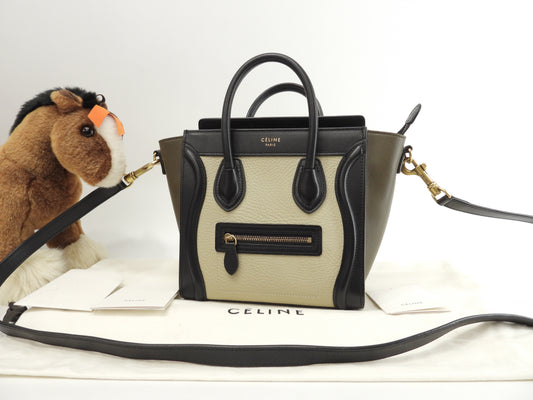 Celine Luggage Nano Leather Greige Black Khaki Pochette Mini Hand Crossbody Bag @ 342