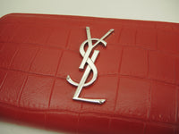 サンローラン ロングウォレット YSL クロコ型押レザー赤 ジップ長財布 シルバー金具@CFP370776-1115