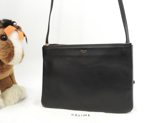 セリーヌ トリオラージ スムースレザー黒 クロスボディバッグ 斜掛ショルダー ポシェット 美品@ 3