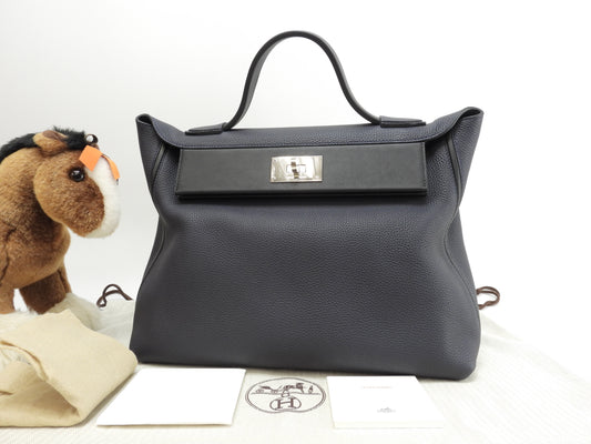 エルメス サックヴァンキャトル35 トゴ 紺黒 ハンドバッグ シルバー金具 美品@C 2
