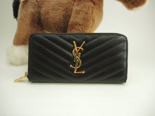 サンローラン ロングウォレット YSL レザー黒 ラウンドジップ長財布 ゴールド金具@ 80
