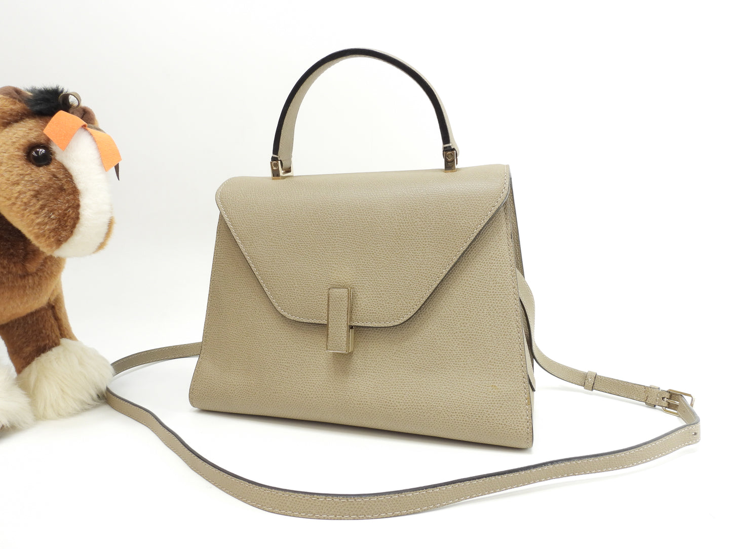 ヴァレクストラ イジィデ ミディアム 型押レザー灰 ストラップ付ハンドバッグ 美品@ 4