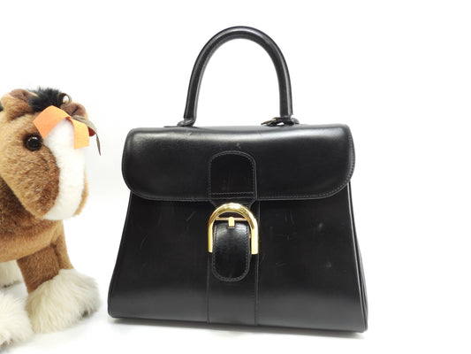 デルボー ブリヨンMM ボックスカーフレザー 黒 ハンドバッグ ケリー型@ 3