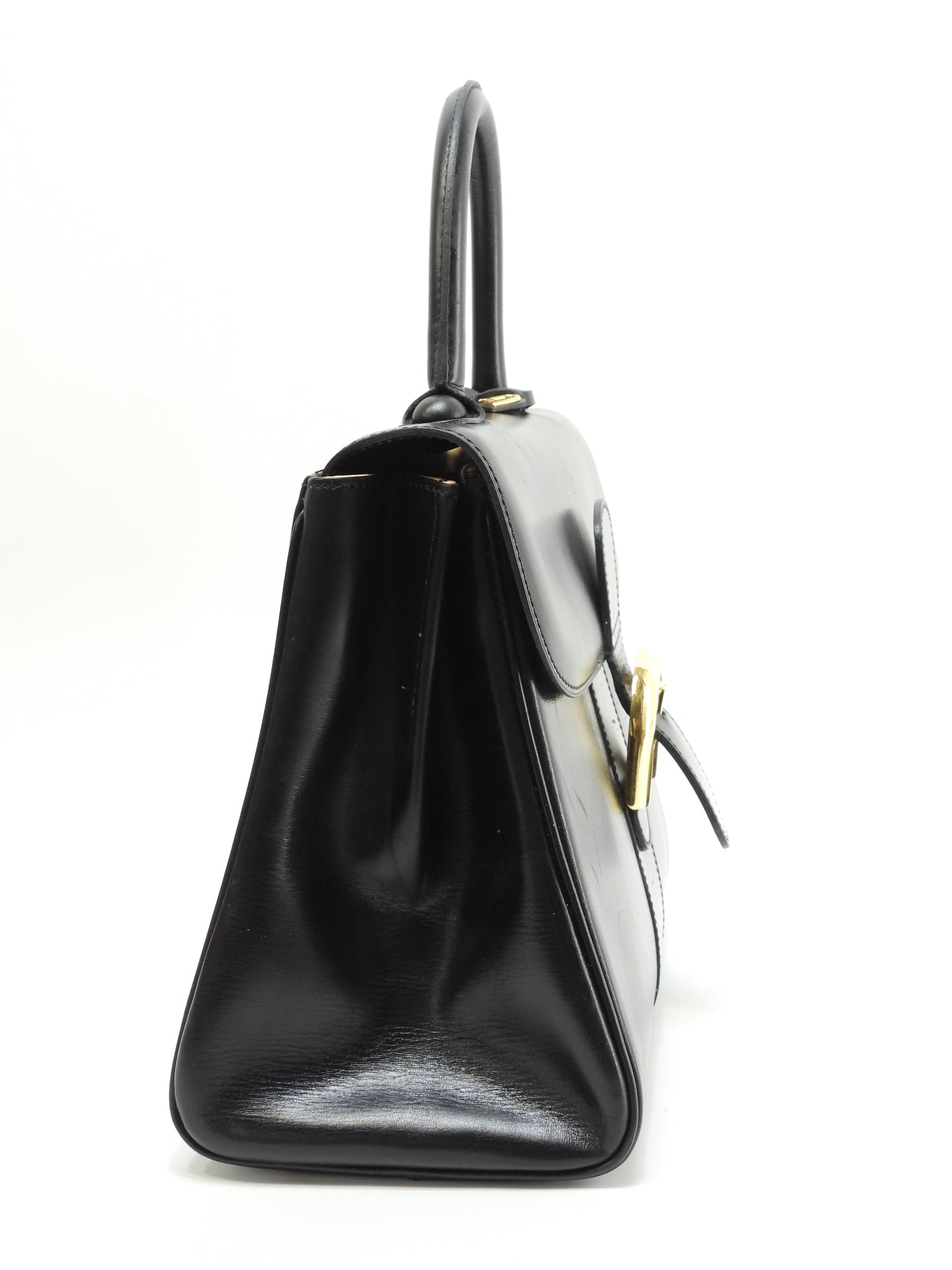 デルボー ブリヨンMM ボックスカーフレザー 黒 ハンドバッグ ケリー型@ 3