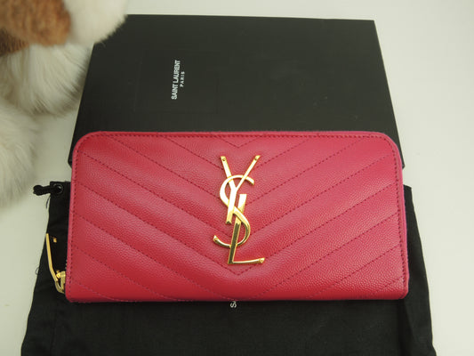 サンローラン ロングウォレット YSL レザー/ピンク ラウンドジップ長財布 ゴールド金具 新品同様@ 91