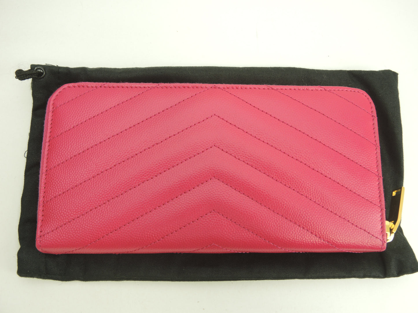 サンローラン ロングウォレット YSL レザー/ピンク ラウンドジップ長財布 ゴールド金具 新品同様@ 91