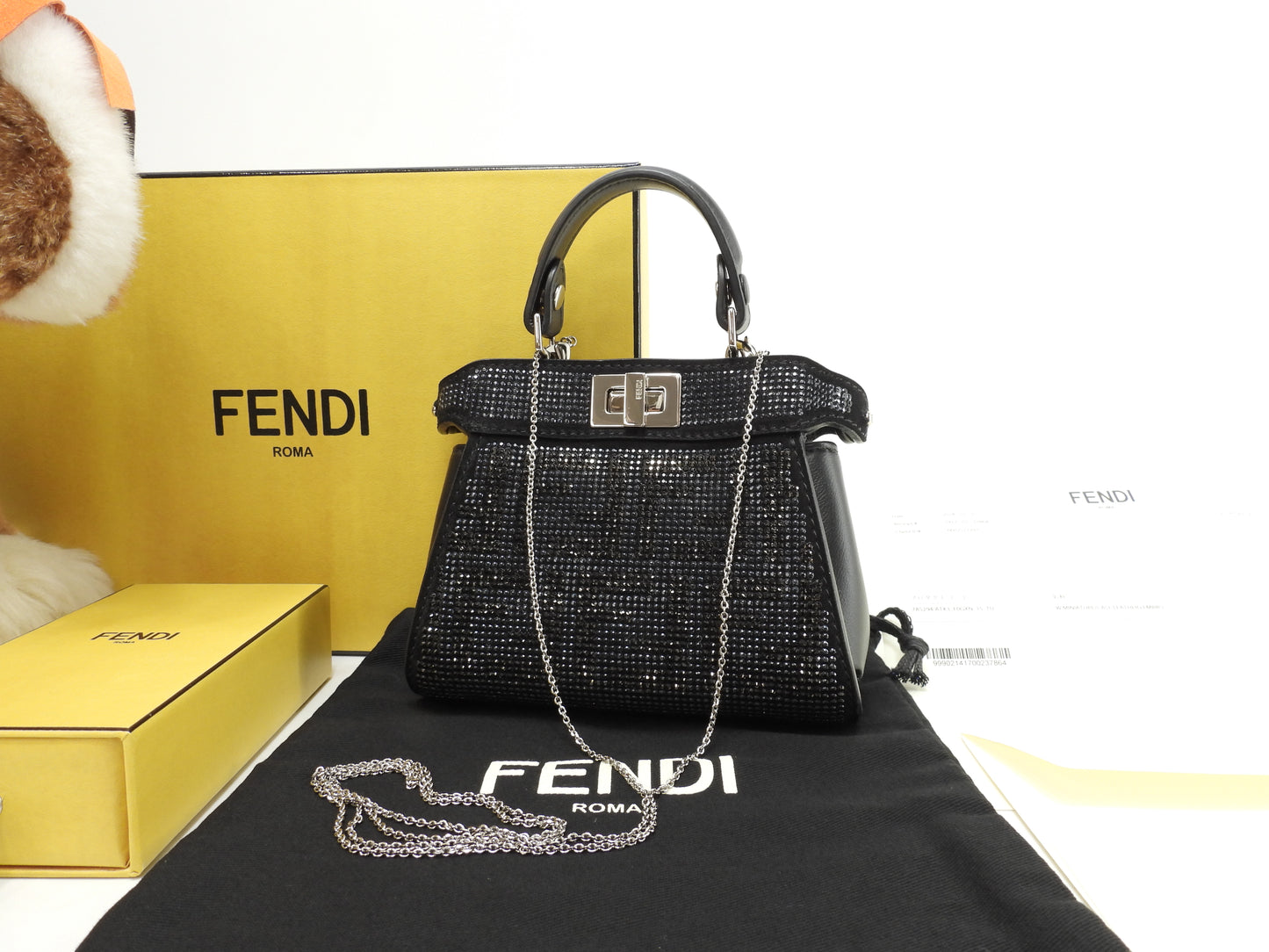 フェンディ ピーカブーナノ FFクリスタル レザー黒 ポシェット クロスボディバッグ 極美品@ 1
