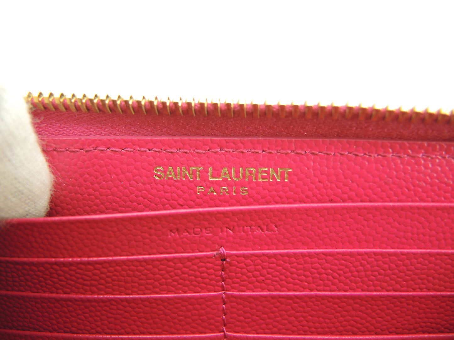サンローラン ロングウォレット YSL レザー/ピンク ラウンドジップ長財布 ゴールド金具 新品同様@ 91