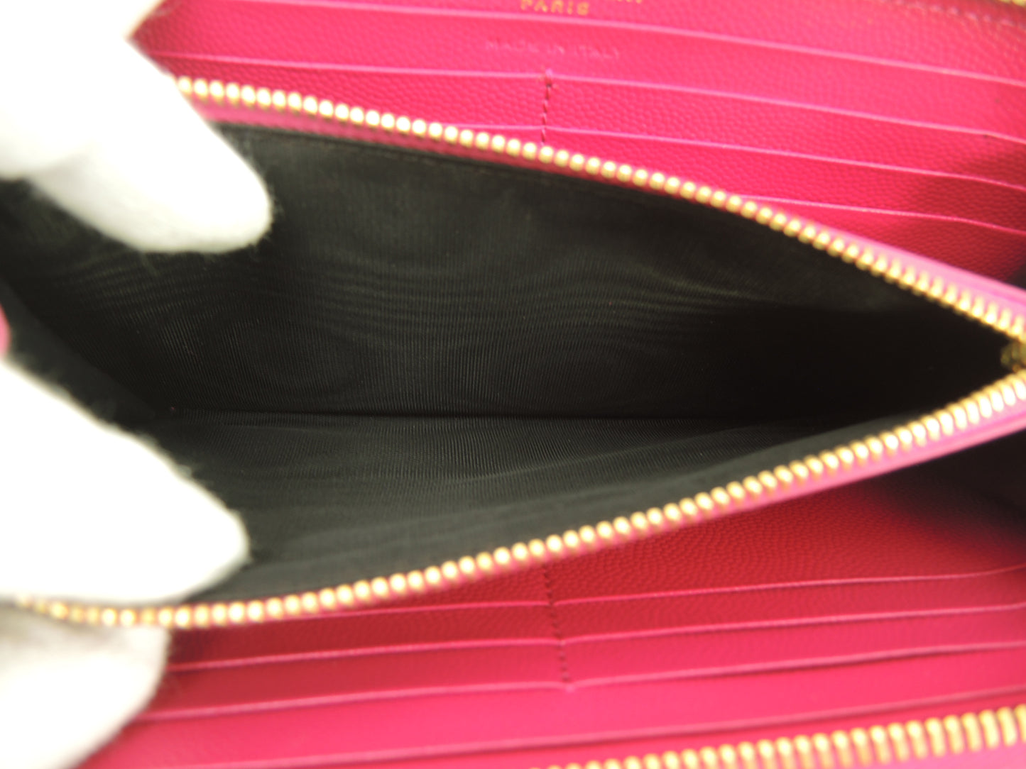 サンローラン ロングウォレット YSL レザー/ピンク ラウンドジップ長財布 ゴールド金具 新品同様@ 91