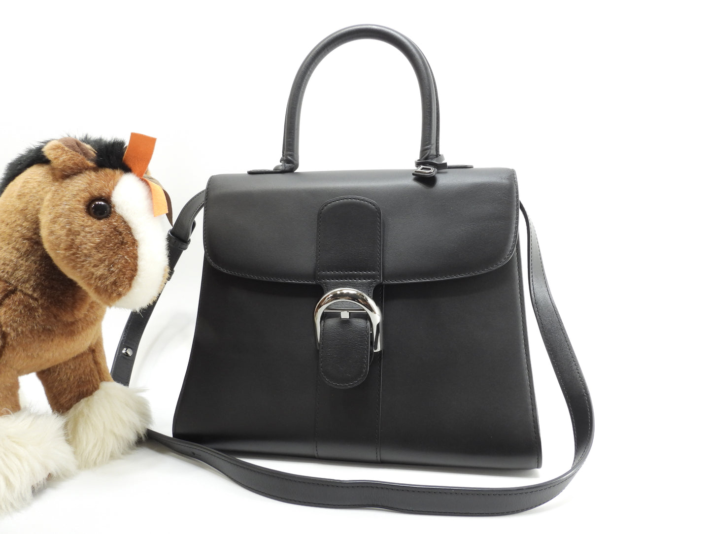 デルボー ブリヨンMM ボックスカーフレザー黒 シルバー金具 s付ハンドバッグ ケリー型 美品@ 1