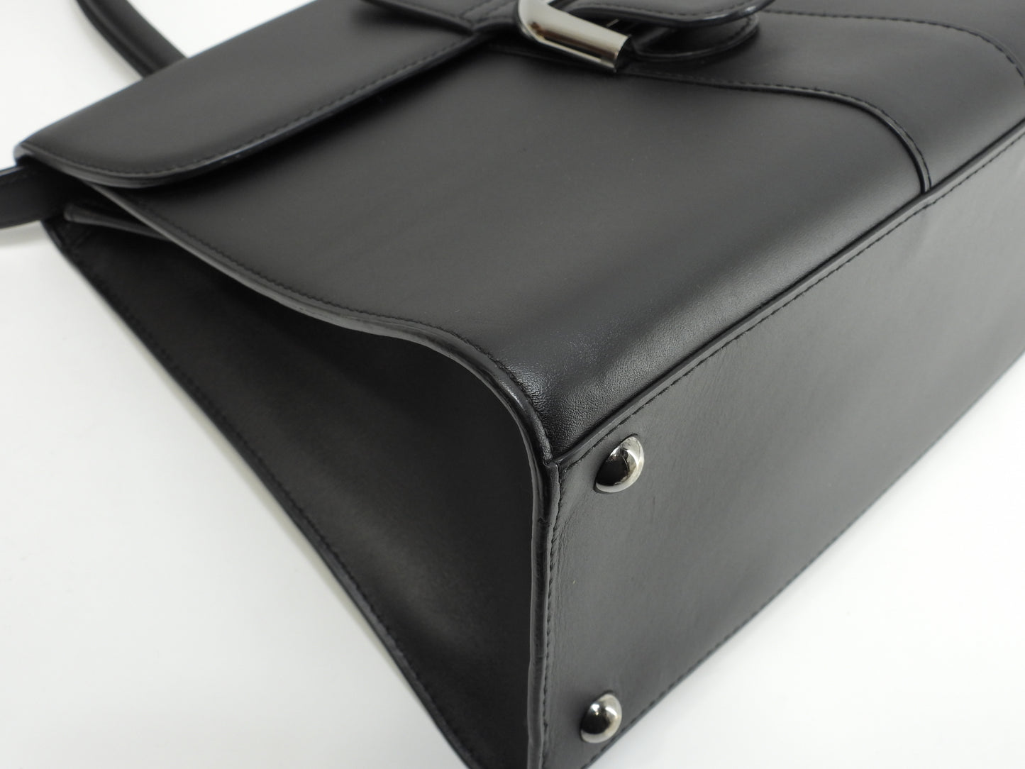 デルボー ブリヨンMM ボックスカーフレザー黒 シルバー金具 s付ハンドバッグ ケリー型 美品@ 1