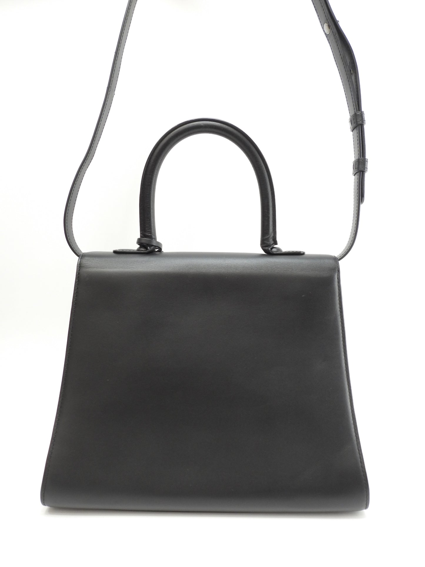 デルボー ブリヨンMM ボックスカーフレザー黒 シルバー金具 s付ハンドバッグ ケリー型 美品@ 1