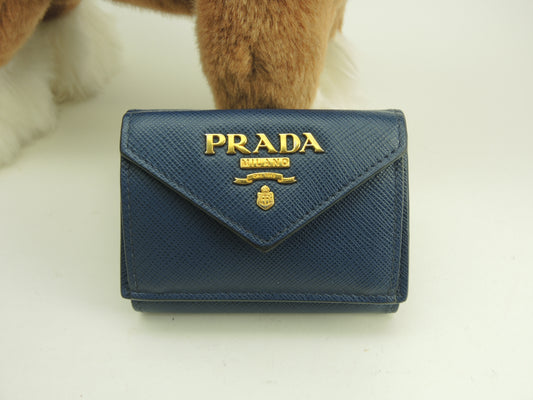 プラダ ミニウォレット メタルロゴ サフィアーノ濃青 3折スモール財布 美品@181E