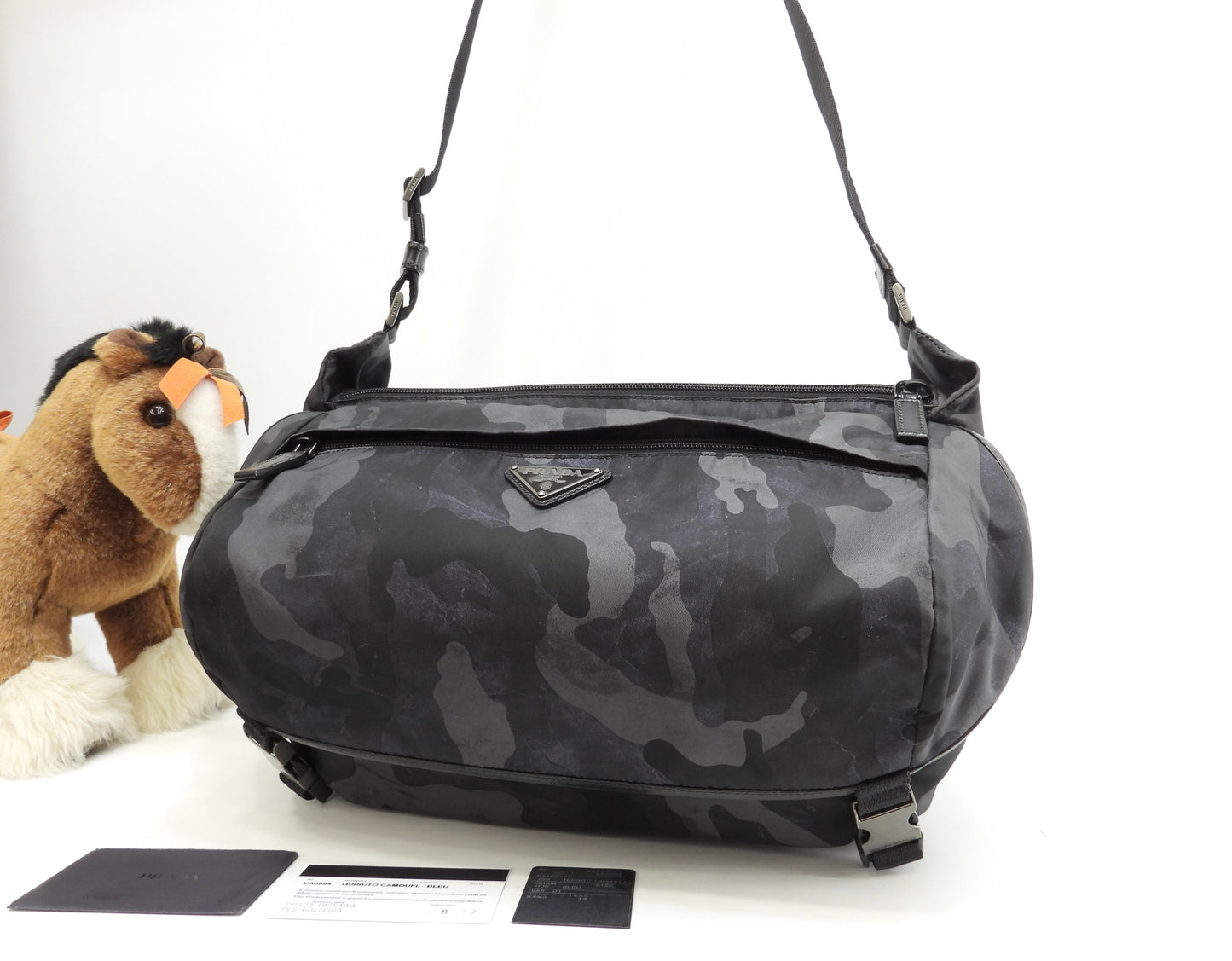 プラダ クロスボディバッグ大 カモフラ テスート黒灰紺 斜掛ショルダーバッグ 美品@56