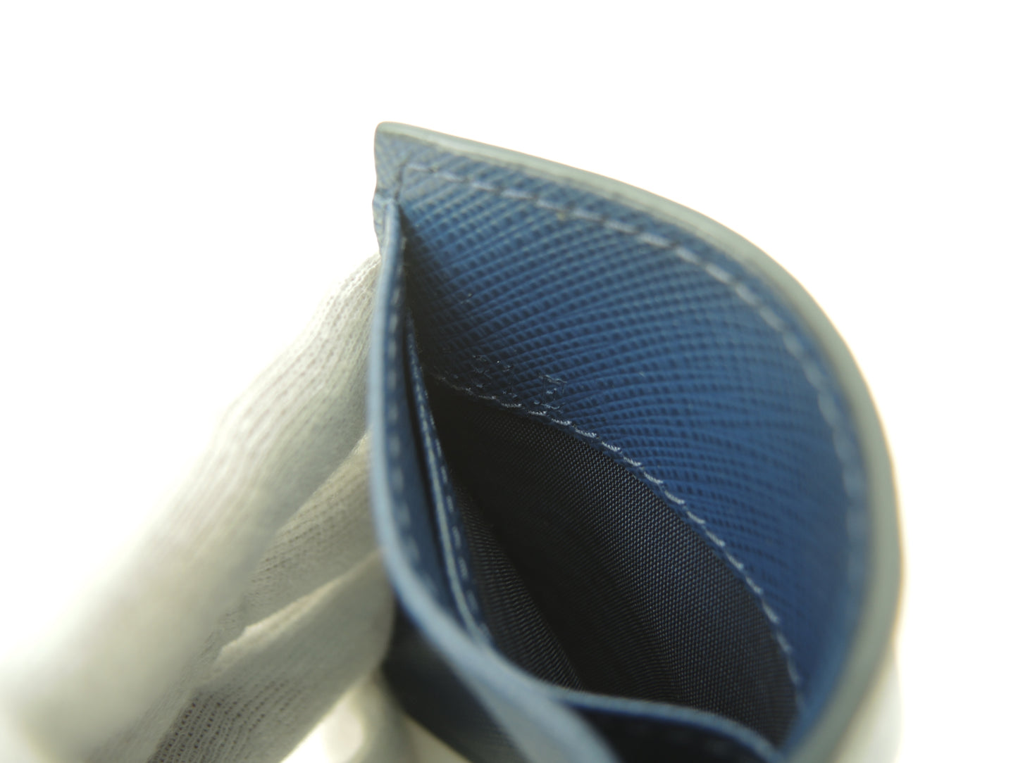 プラダ ミニウォレット メタルロゴ サフィアーノ濃青 3折スモール財布 美品@181E