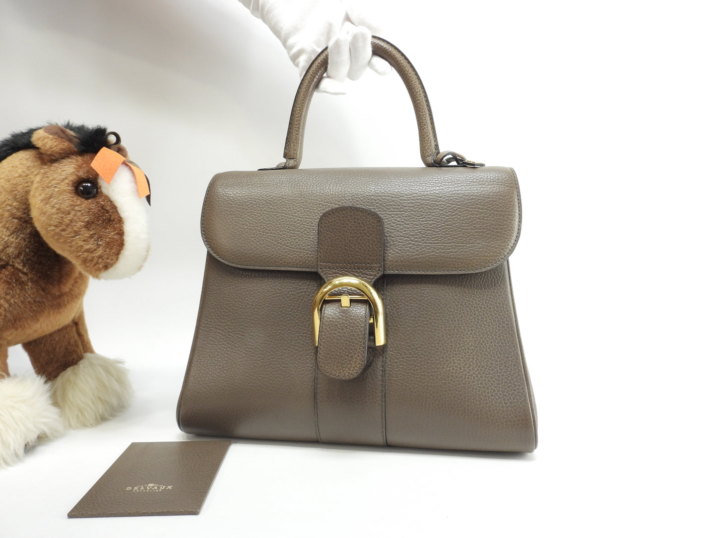 デルボー ブリヨンMM ヴィンテージ 型押レザー灰 ゴールド金具 ハンドバッグ@ 100