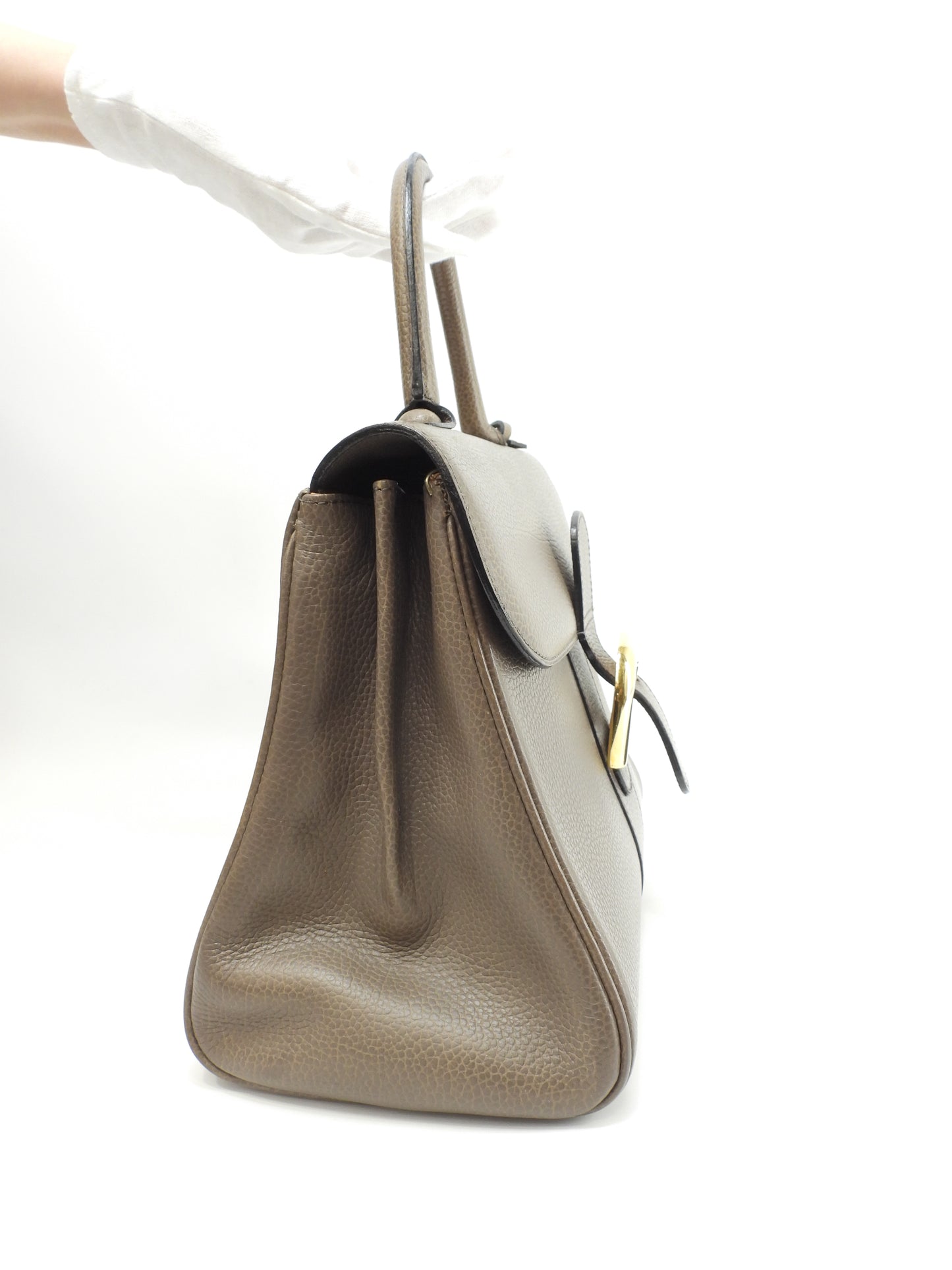 デルボー ブリヨンMM ヴィンテージ 型押レザー灰 ゴールド金具 ハンドバッグ@ 100