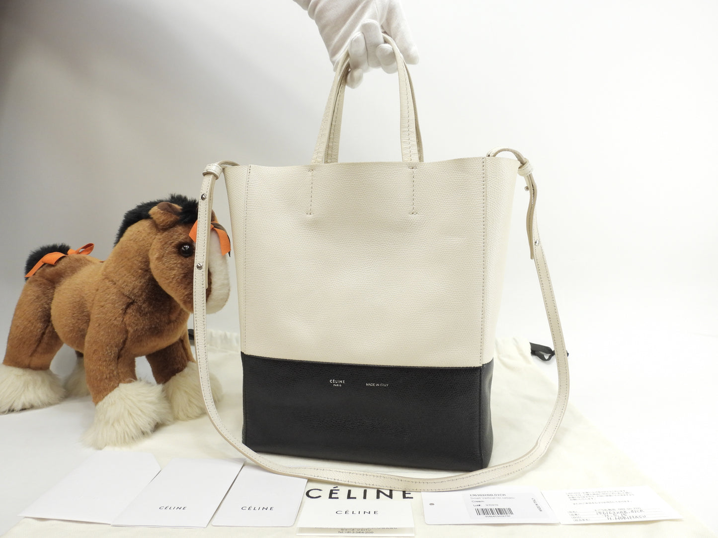 セリーヌ カバスモール ヴェルティカル レザー白黒 ポシェット トートバッグ ハンドバッグ@S-GA-0156