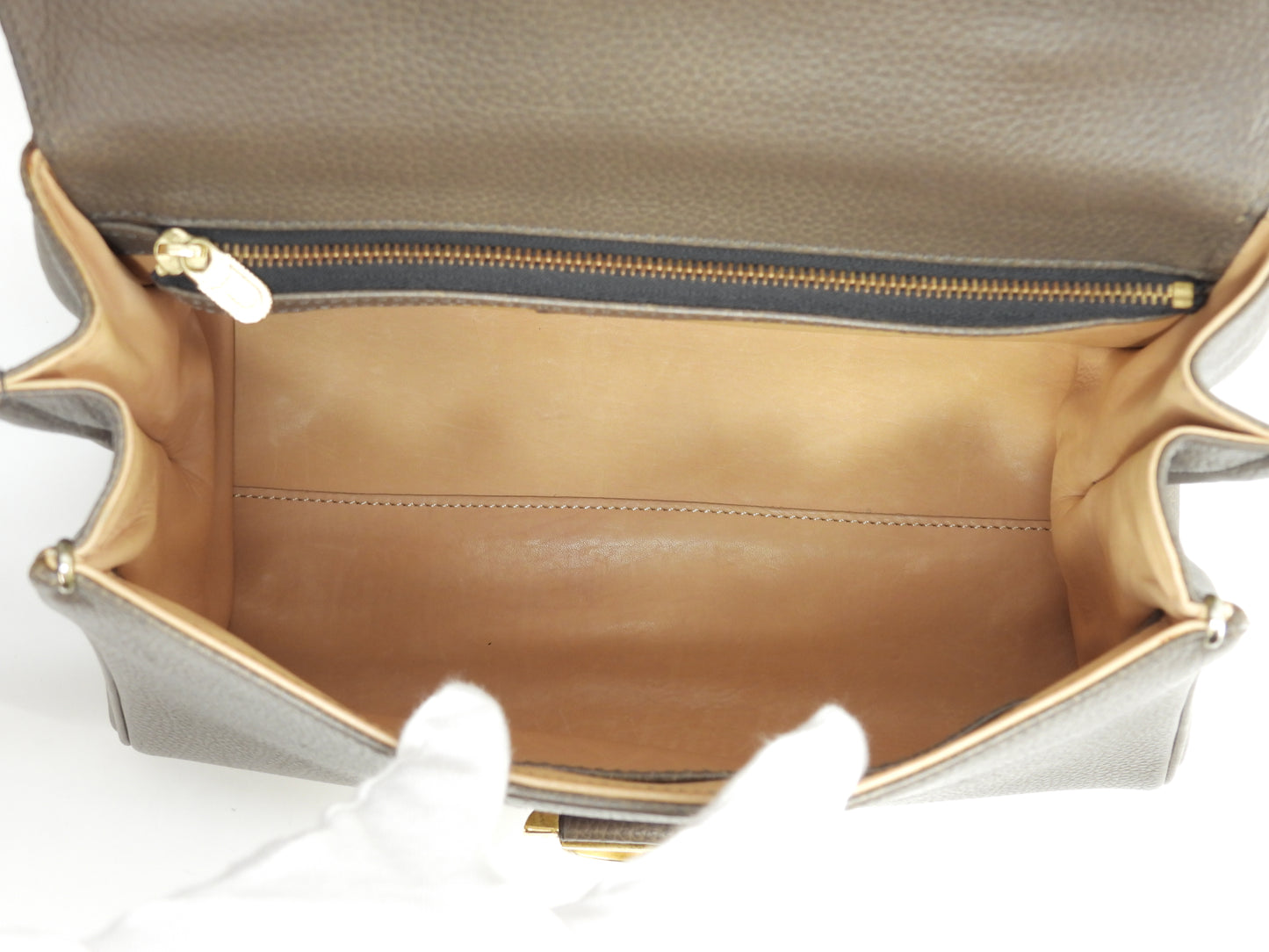 デルボー ブリヨンMM ヴィンテージ 型押レザー灰 ゴールド金具 ハンドバッグ@ 100