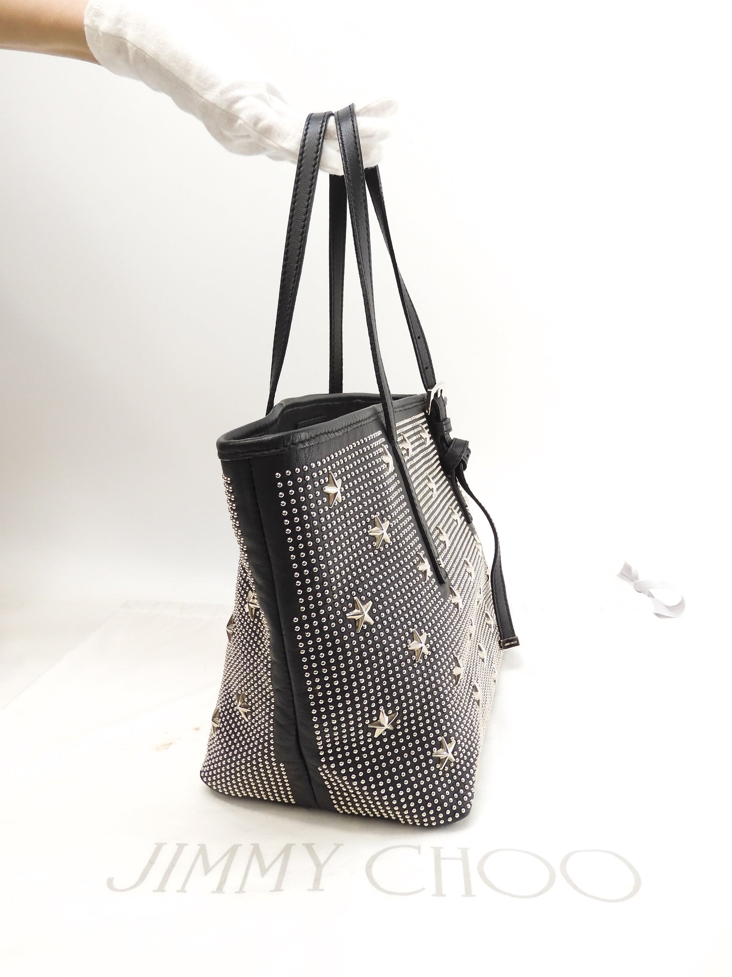 ジミーチュウ サシャS ドット星スタッズ レザー黒 シルバー金具 トートバッグ@ 1