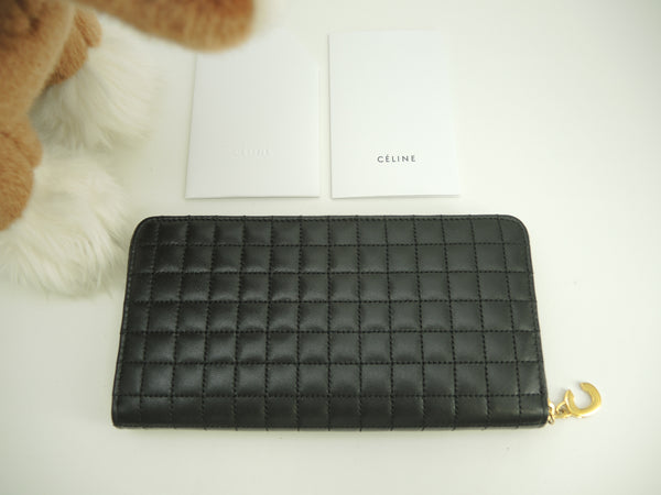 Celine long wallet quilted leather black round zip long wallet unused @ 4