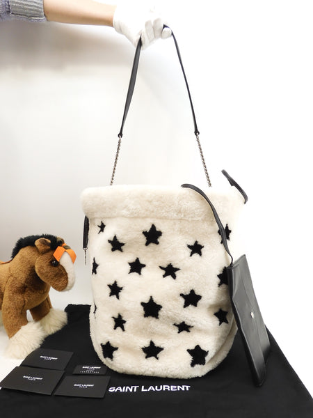 Saint Laurent Teddy YSL fur black and white star drawstring shoulder bag unused @ 57