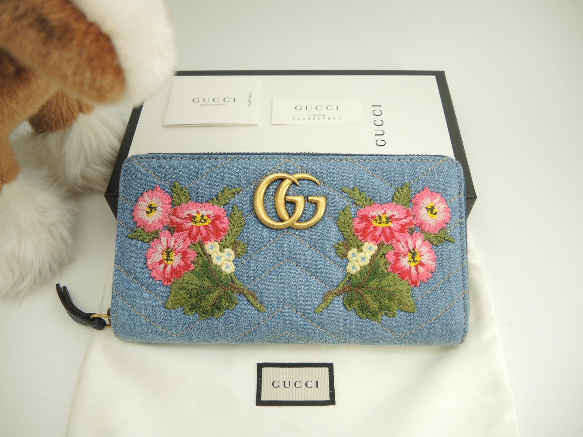 グッチ ロングウォレット 限定GGマーモント 花柄デニム ジップ長財布 