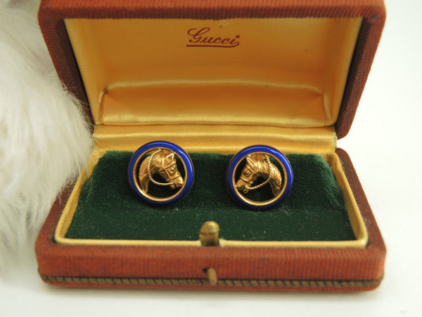 Gucci Cufflinks Au750 Gold Blue Line Horse Vintage 16.3g Super Rare @ 1