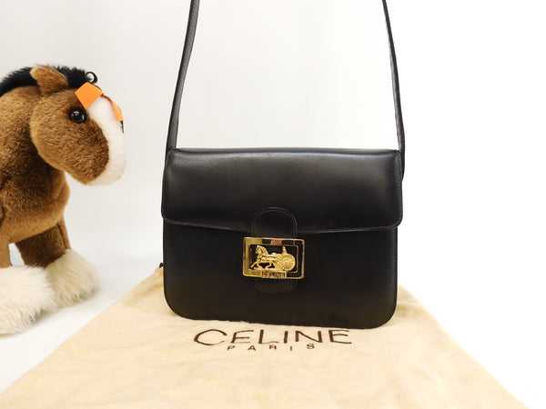 Celine Pochette Vintage Carriage Metal Leather Black Crossbody Bag @ 1