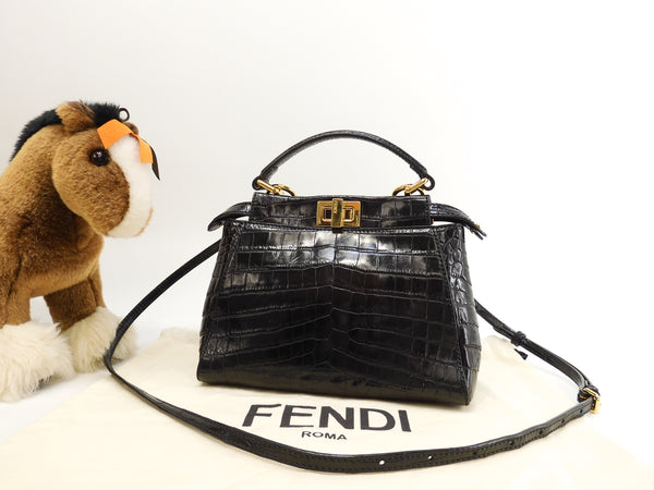 Fendi mini peekaboo crocodile black handbag with strap pochette @ 79